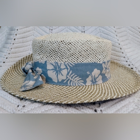 Kate Lord  Golf Straw Hat PGA West Womens M/L Blue Ribbon Bow Floral Summer - Picture 4 of 10